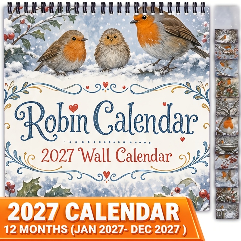TEMU 2027 Robin Wall Calendar 2027 12 Months Calendar Double Coil Spiral Binding 21.08x 21.08cm Square Large Date Area Contains Christmas Gifts For