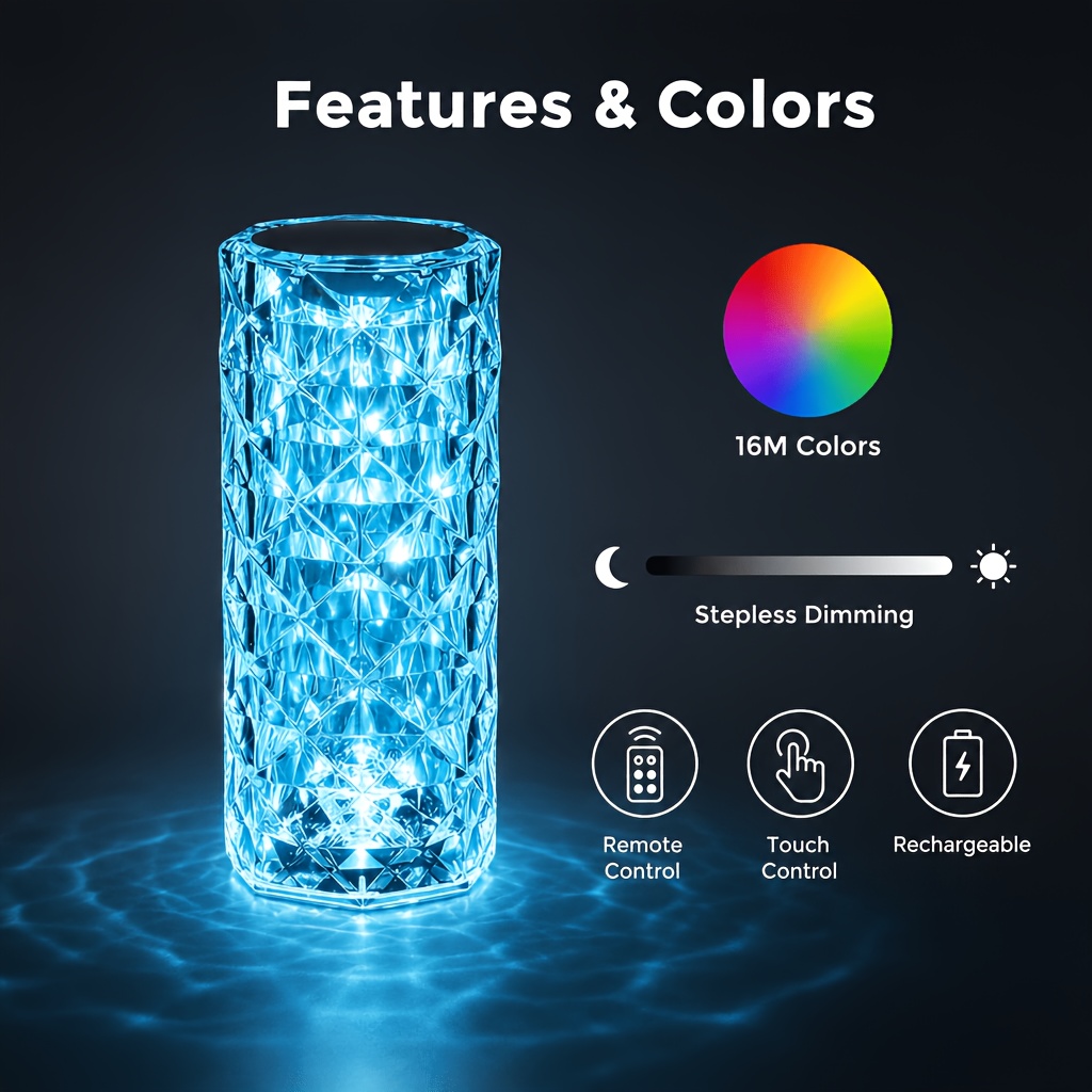 TEMU 1pc Crystal Rose Led Night Light, Touch And Remote Control, Usb Rechargeable Rgb 16 Color Changing Atmosphere Lamp, Dimmable Romantic Diamond