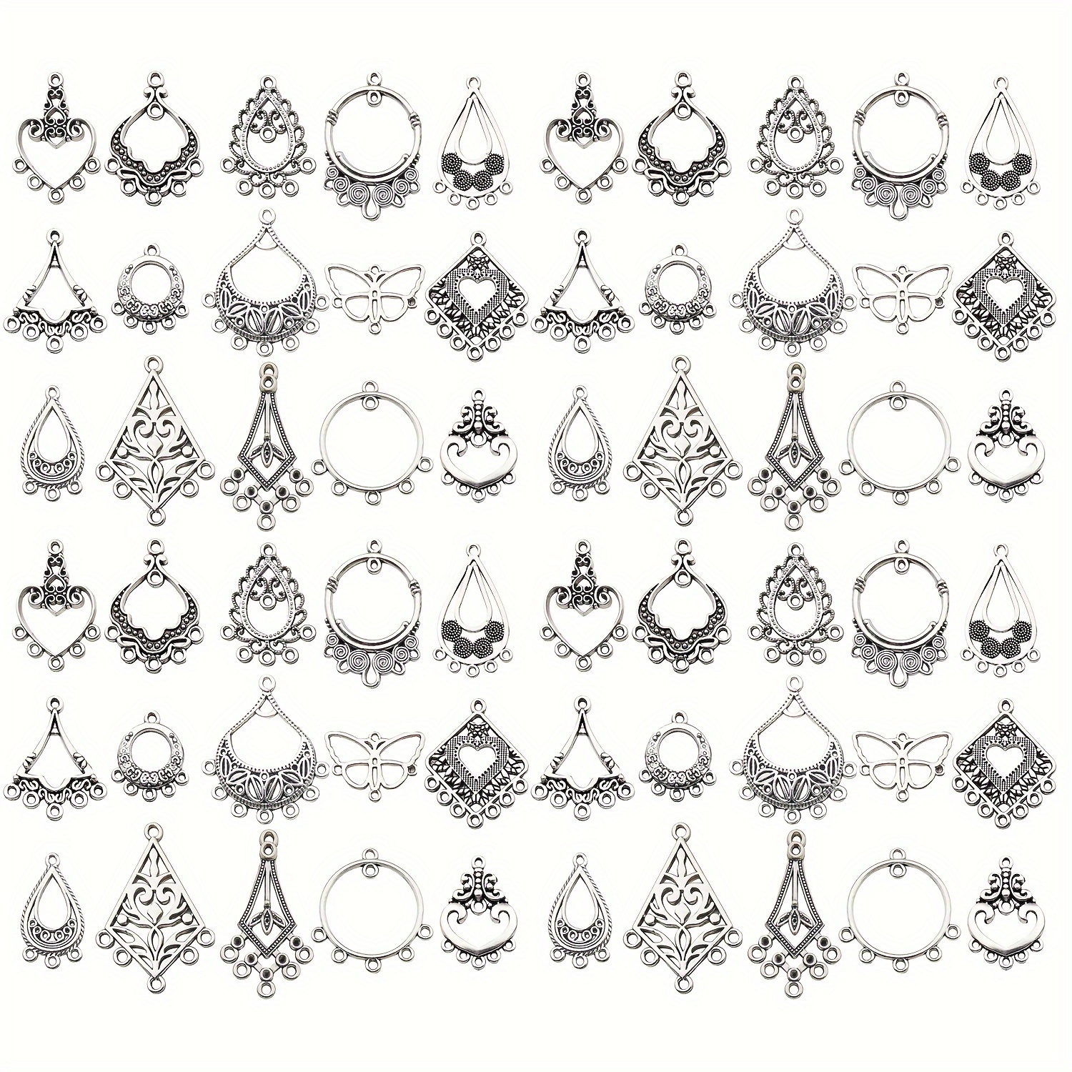 

60pcs Tibetan Antique Silver Alloy Chandelier Earring Connectors - Assorted 15 Styles Jewelry Making Charms For Necklaces And Pendants