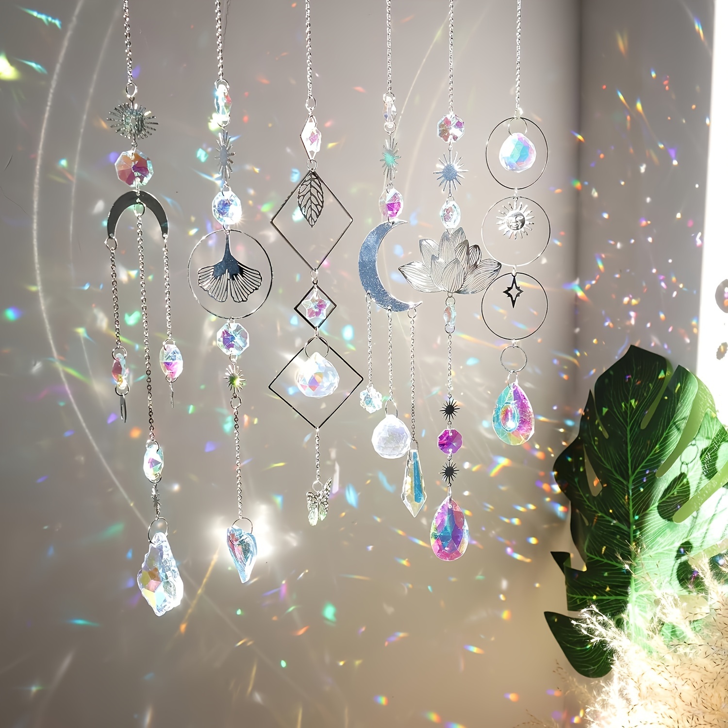 TEMU 6pcs Set Of Colorful Catcher Decoration Hanging Transparent Crystal Prism Rainbow With And Sun Metal Shape Light Catcher Kit Suitable For Window