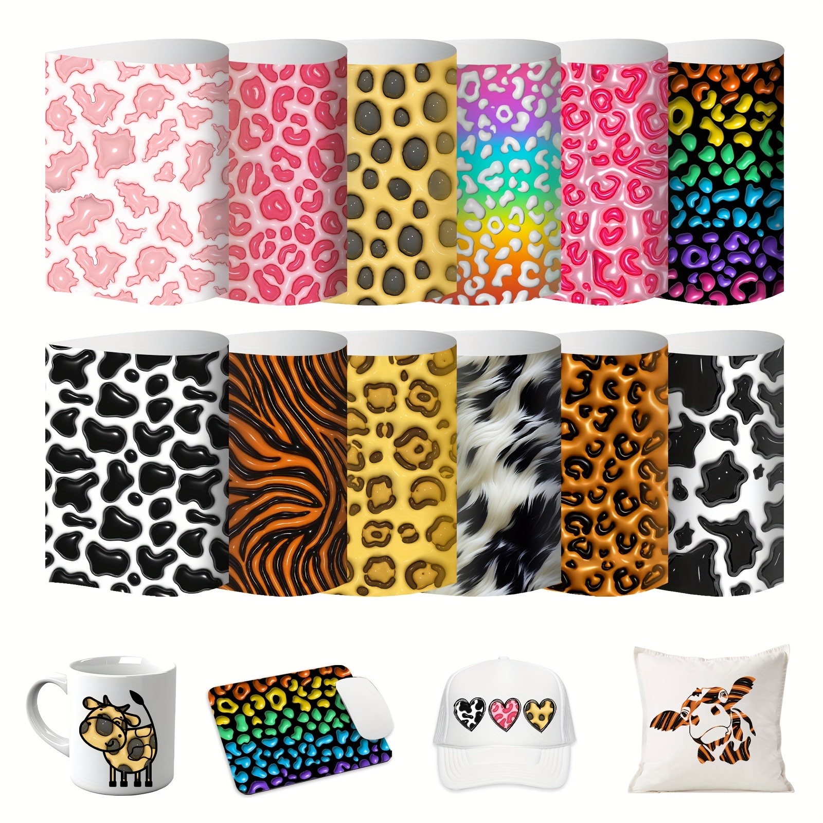 

3d Pattern Infusible Sublimation Ink Transfer -12 Sheets Of 12 Inch X 9.8 Inch Cow Pattern Leopard//animal Pattern Sublimation Transfer Paper, Suitable For Diy Cup Rollers