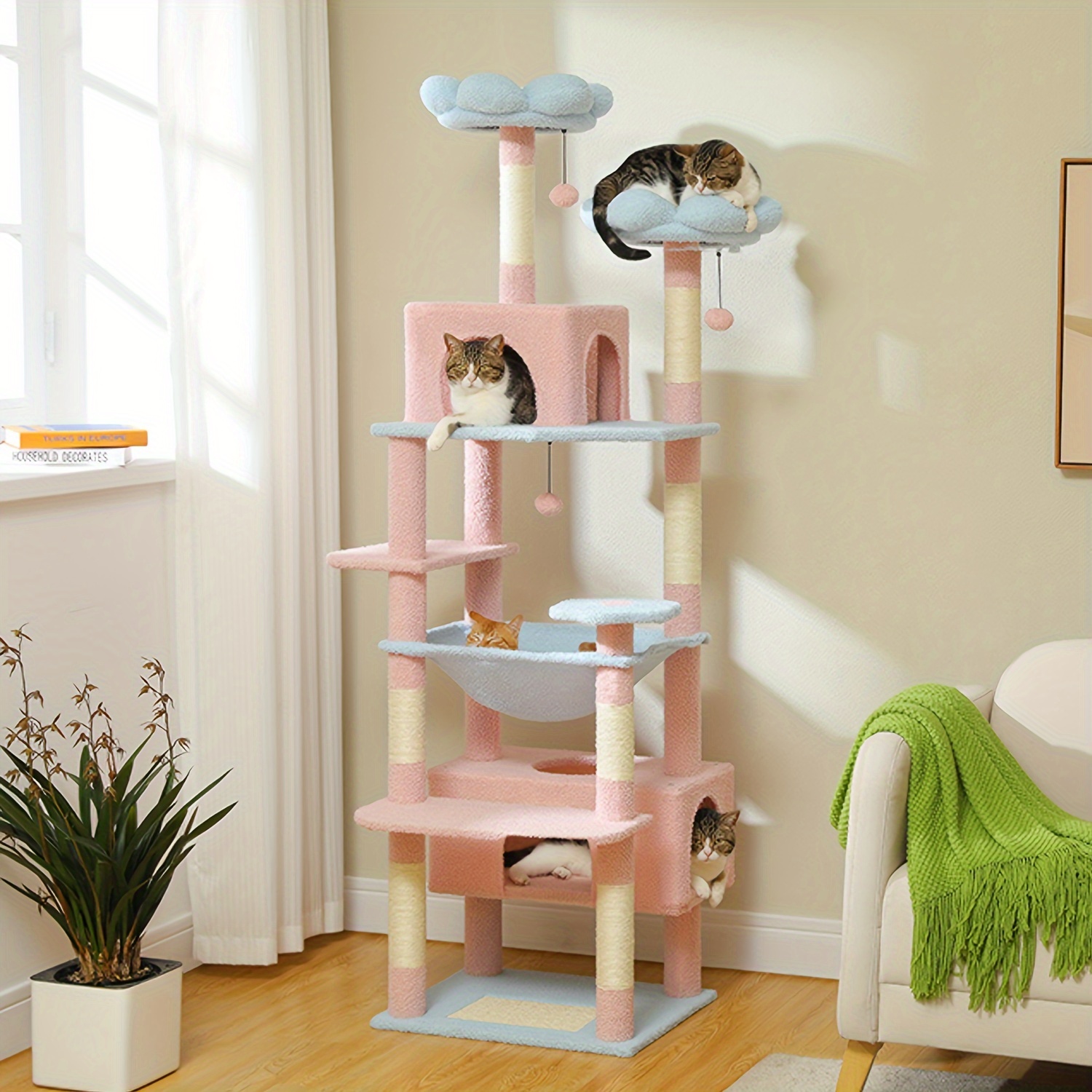 

72.4 Inch Large Indoor Cat Tree With Multiple Levels Of Cat Towers And Catch Columns, Featuring 2 Habitats, 2 Small Wooden Cabins, Hammocks, And 2 Plush Pink And Blue