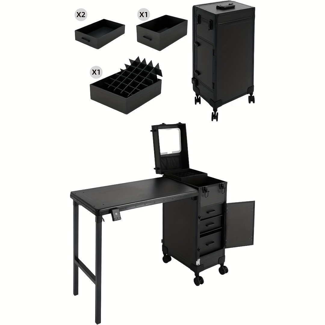 Portable Rolling Manicure Table with 3 Drawers - Heavy-Duty Metal Construction, Foldable Nail Desk with *, Organizer &amp; Lockable Makeup Case