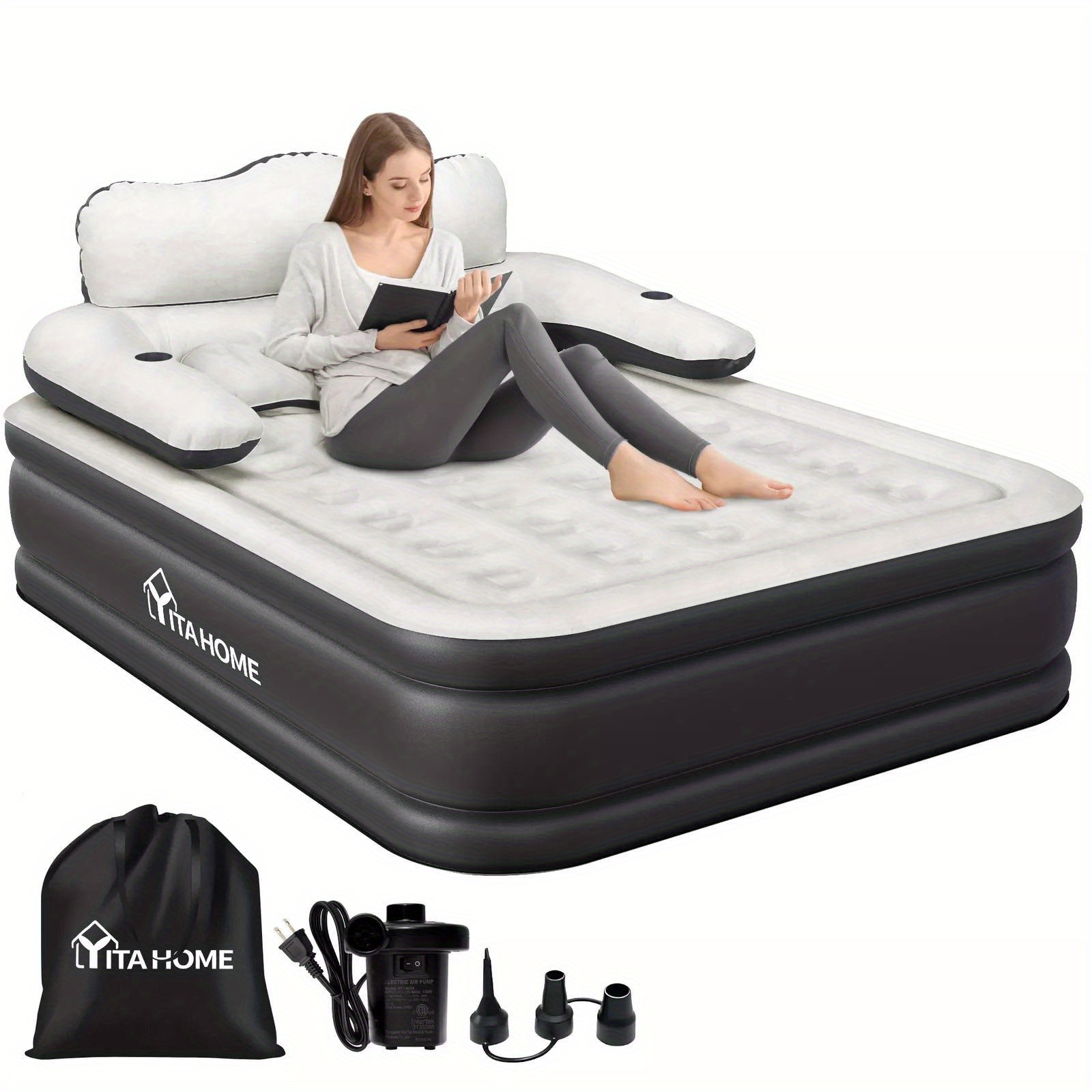 

Queen Size Air Mattress W/ Inflatable Headboard & Pillow, Removable Electric Pump