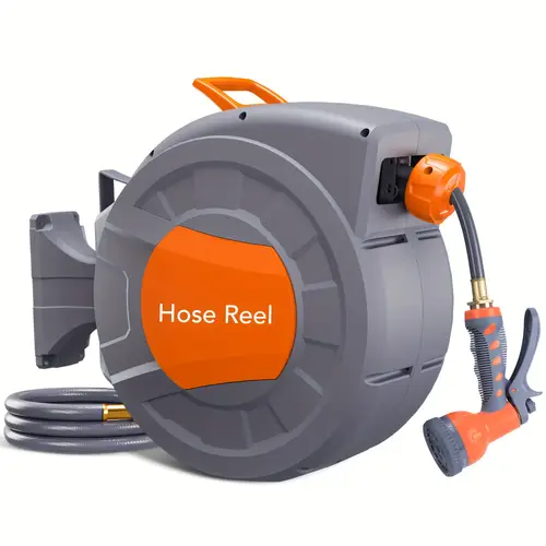 retractable garden hose reel 1 2 100 ft wall mounted 9 function sprayer any length lock 180 swivel automatic slow