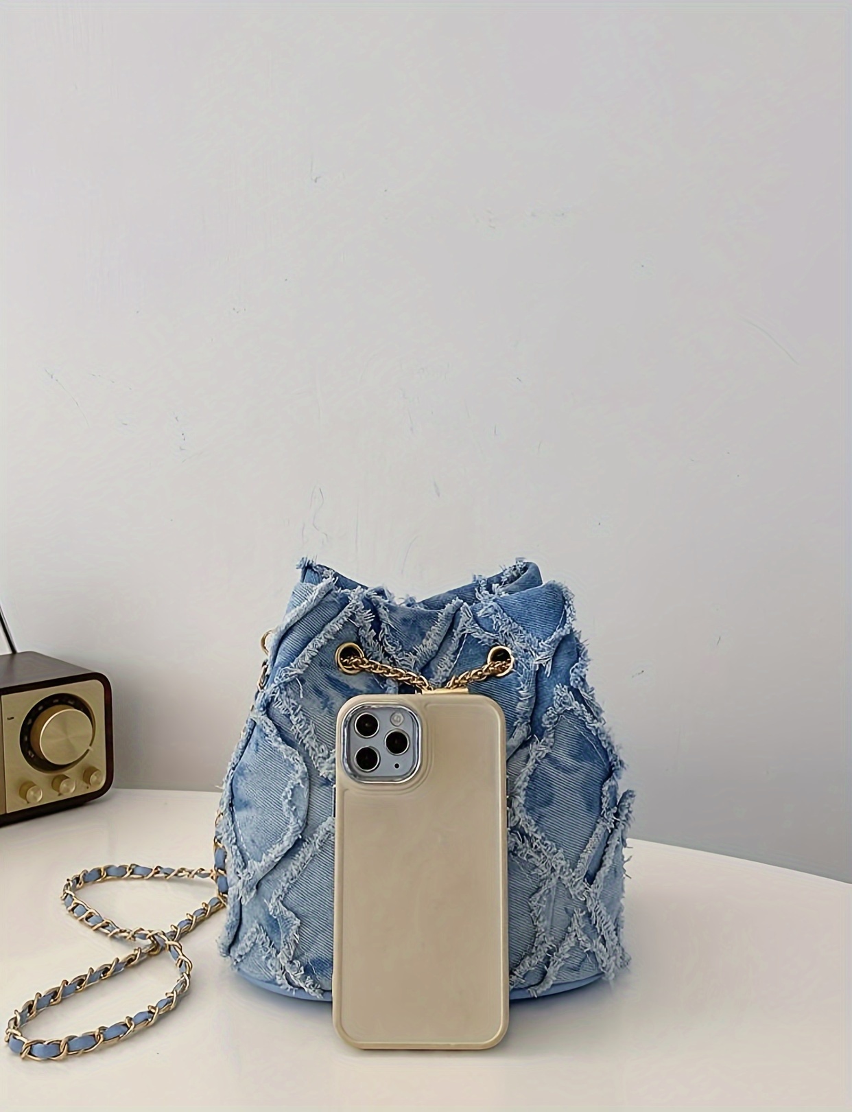 chic denim style bucket bag with faux pearl accent metal chain strap spacious crossbody for for shopping dates details 2