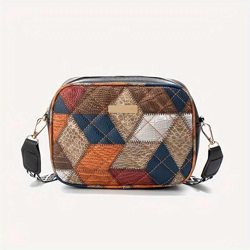 

Bohemian Women's Crossbody Bag, Color Block Patchwork Geometric Quilted, Pu Leather Trendy Coin Purse, Cosmetic Pouch