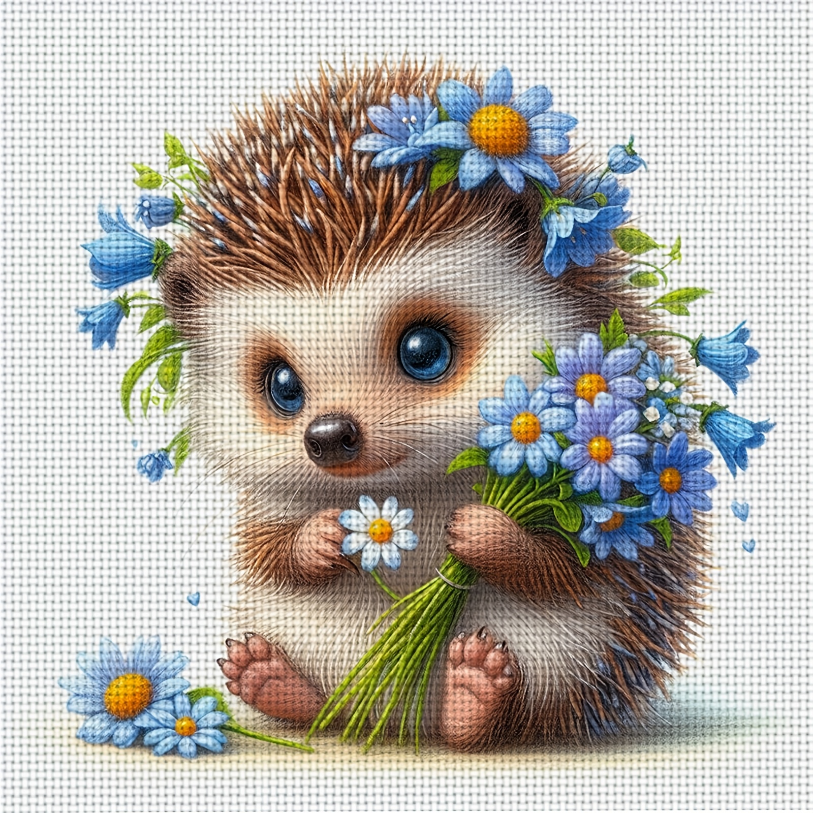 TEMU 1pc Of New Frameless 11ct/14ct Printed Fabric - Diy Kit "cute Hedgehog Holding Blue Flower", A Handmade Diy - Embroidery Material Set For Living