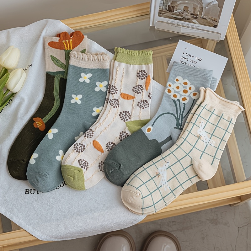 5 Pairs Autumn Winter Sweet Girly Vibes Checkered Pattern Mid-calf Socks