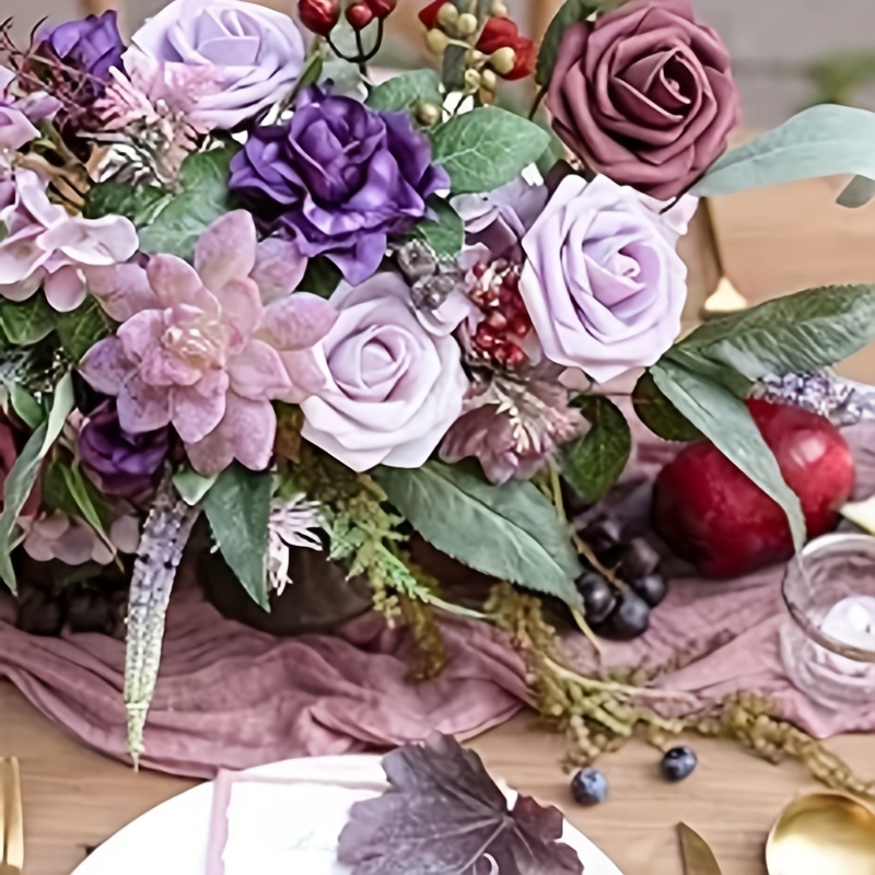 Rose Artificiali Viola In Seta - 4 Bouquet Realistici Per Decorazione Casa E Matrimoni - Foto 2