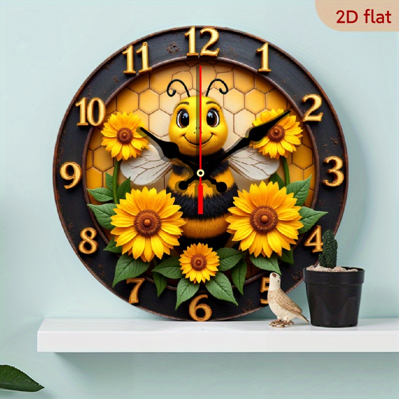 TEMU 2d Flat Wall Clock Featuring A Bee And Sunflower Design, Perfect For Decorating Your Living Room, Bedroom, Or Office. This Round Wooden Runs On
