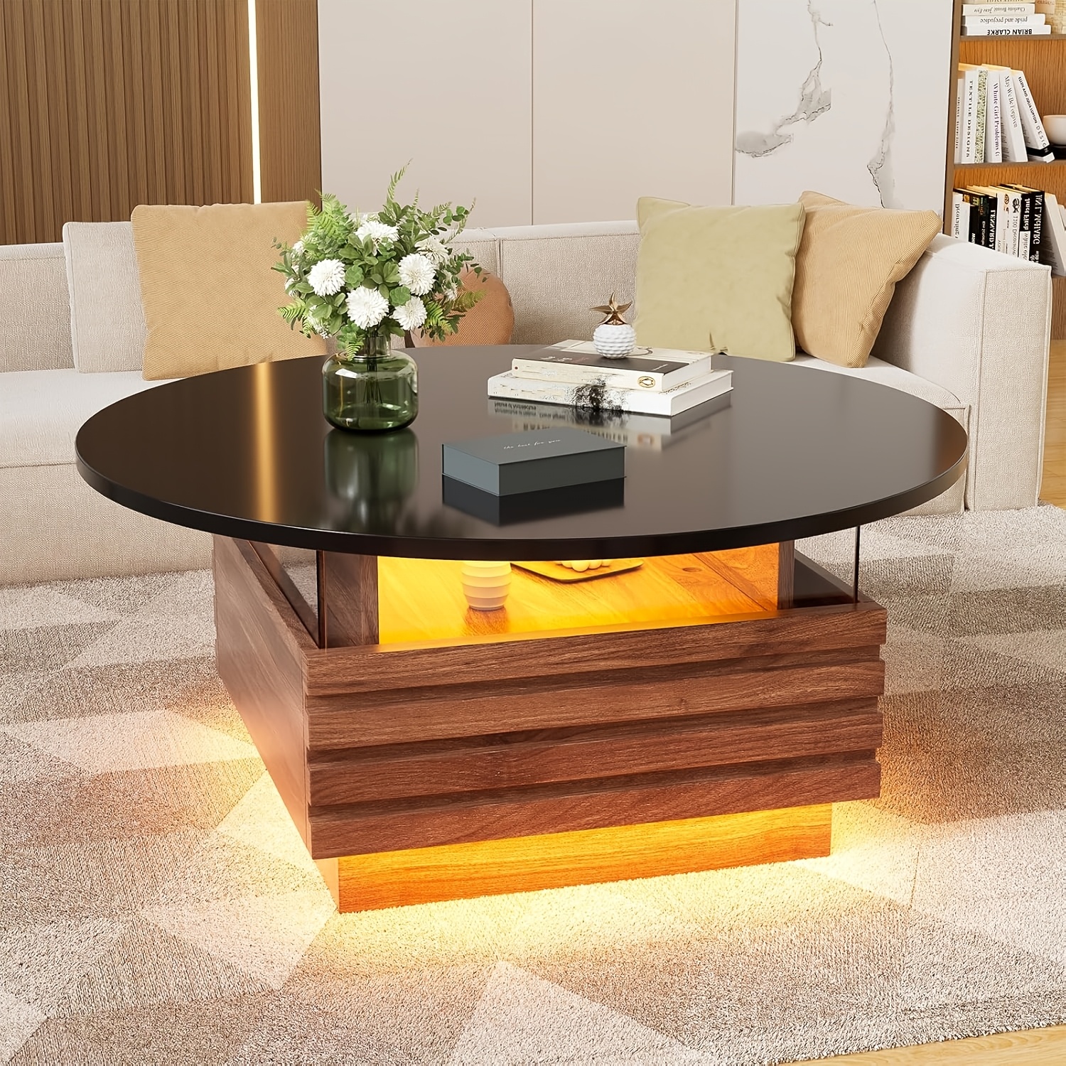 Image of Round Coffee Table, , With 2 Drawers, Round Coffee Table With Storage Space, Made Of Wood And Tempered Glass, Suitable For Living Room, Office, Study, Brown And Black, Diameter 80cm X Height 40cm.