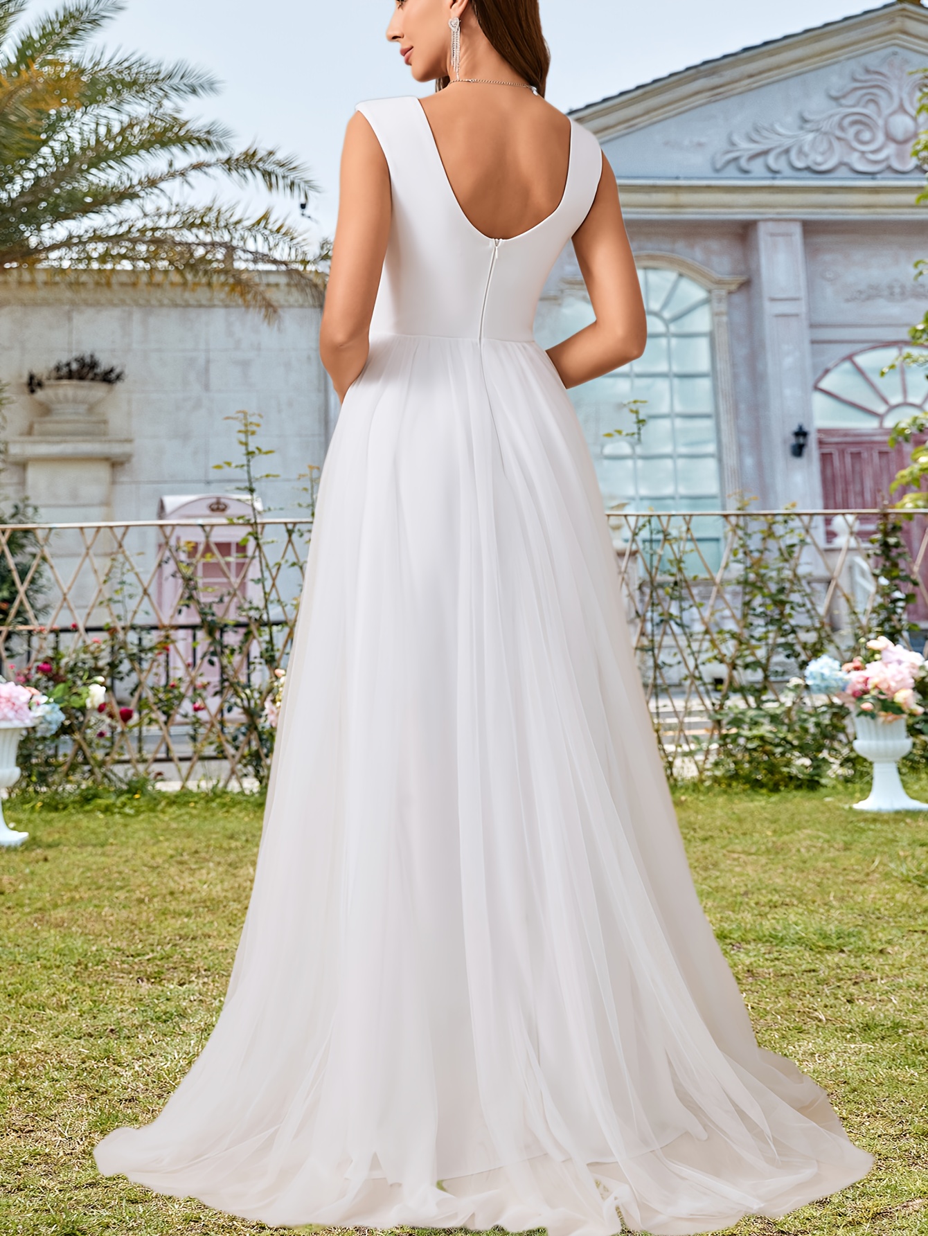 elegant white tulle wedding dress a v neck backless design - Temu