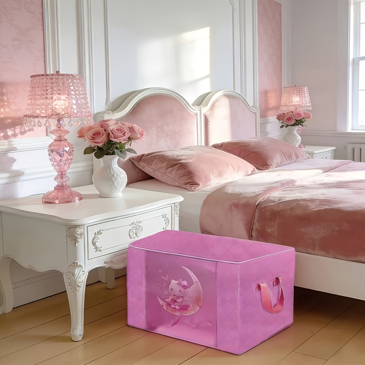 [hello Kitty Style] Pink Cute Girly Home Storage Box Bedroom Clothes Organizer Household Foldable Organizer With Handle Clothes Storage Box Bedroom Organizing Artifact, Under-bed Storage