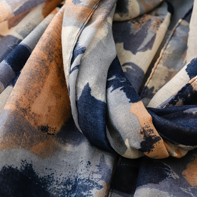 Women's Vintage Chinese Ink Wash Scarf - Watercolor Fringe Shawl & Neck Wrap, Warm Non-Stretch Collar for Autumn Winter, Elegant Accessory Suitable for Casual Outfits, Hand Washable Retro Print Scarves