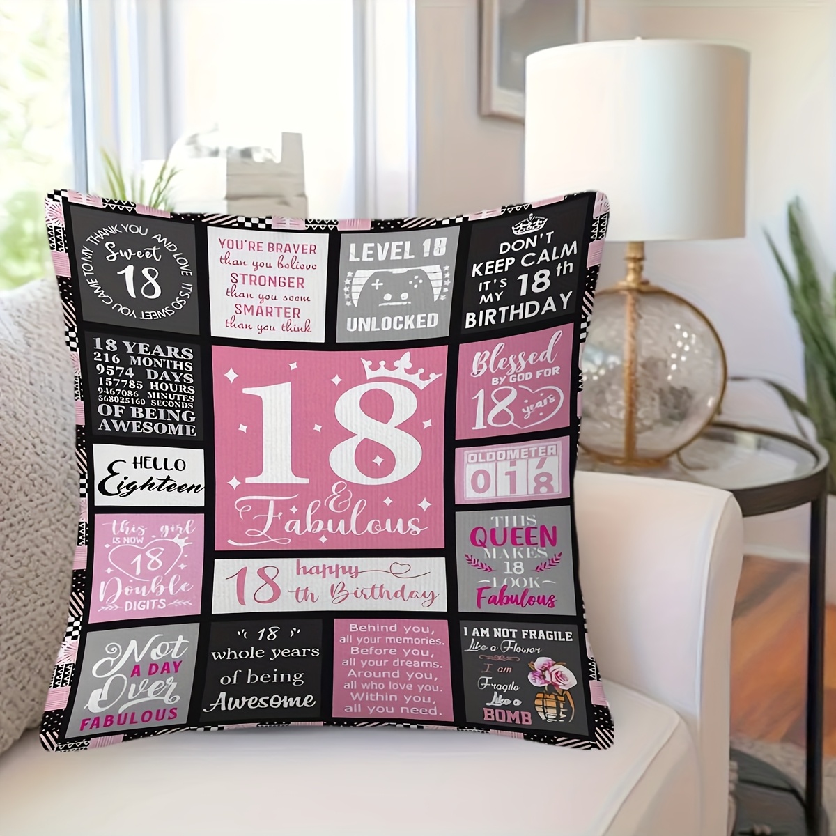 1pc 18th Birthday Gift, Soft Short Plush Pillowcase, Single-sided Printing, - Zipper, Very Suitable For Sofa, Living Room, Bedroom, Office Home Decoration (no Insert), Sofa Pillow