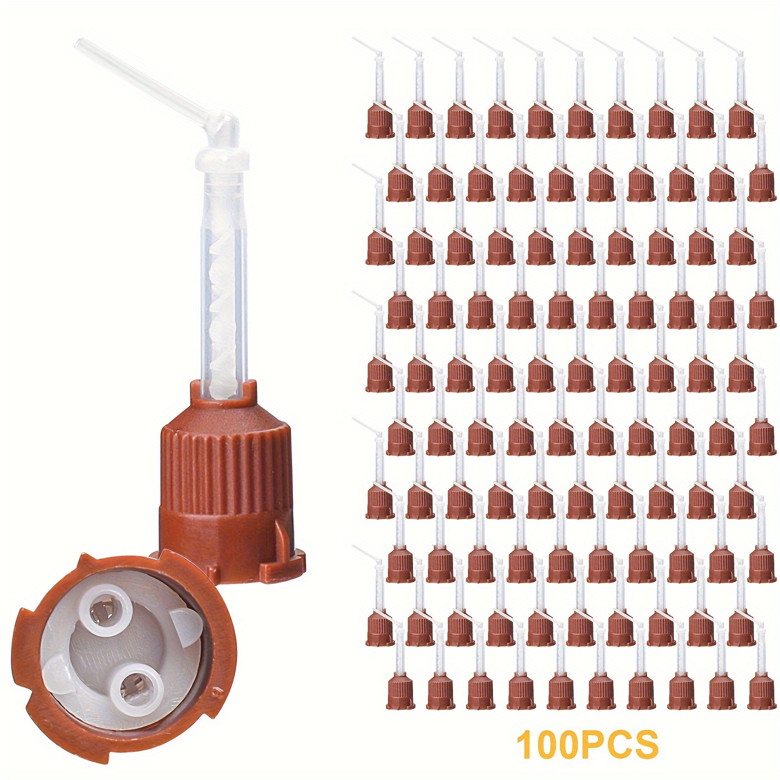 

100pcs Dental Mixing Tips, Dental Impression Mixing Tips 1:1 Ratio Brown With Injection Tip (long, 0.5mm) 7018