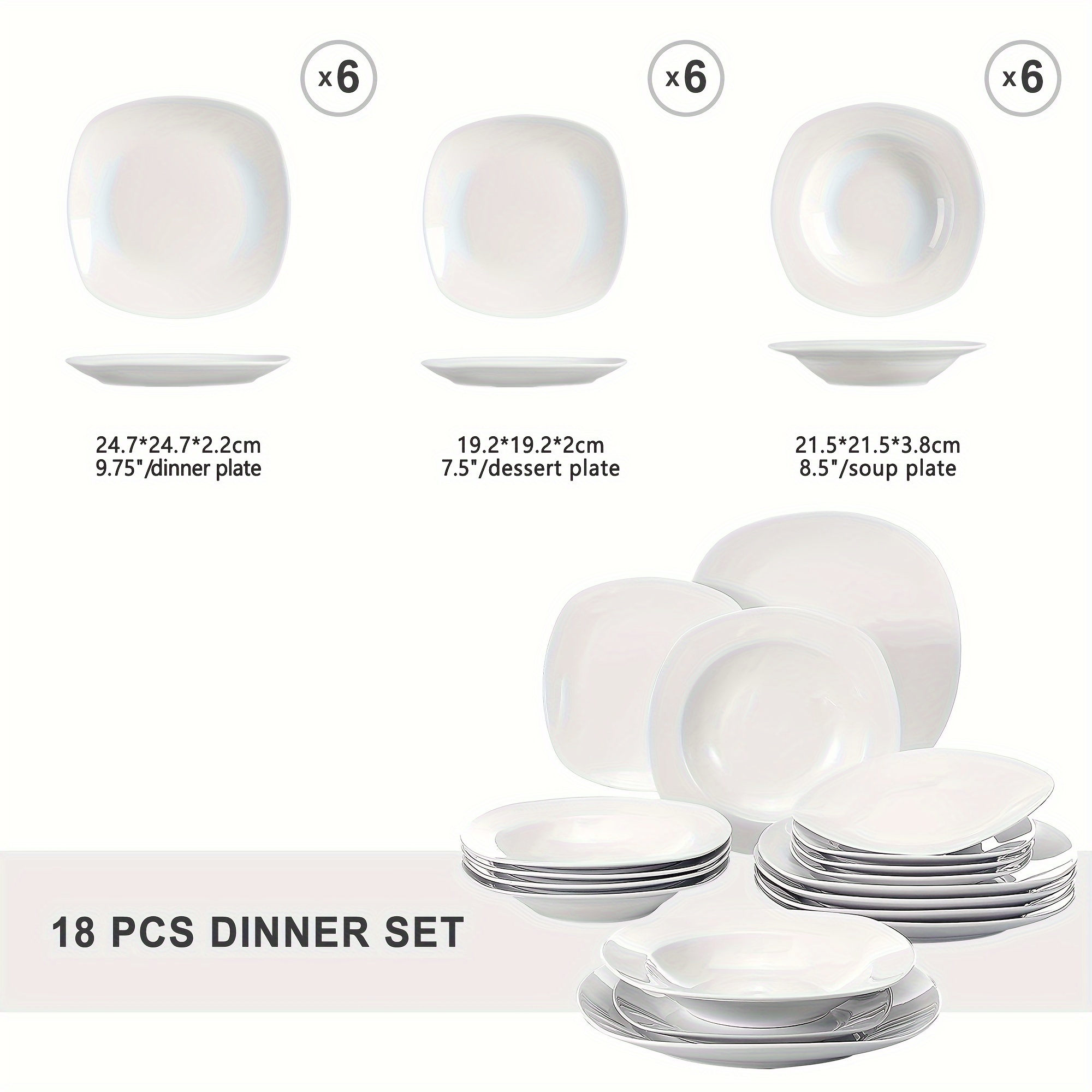 18pcs White Ceramic Plate Sets Service For 6 People, Small Dinner Set Dinnerware With Dinner Plate/ Dessert Plate/ Soup Plate For 6 People