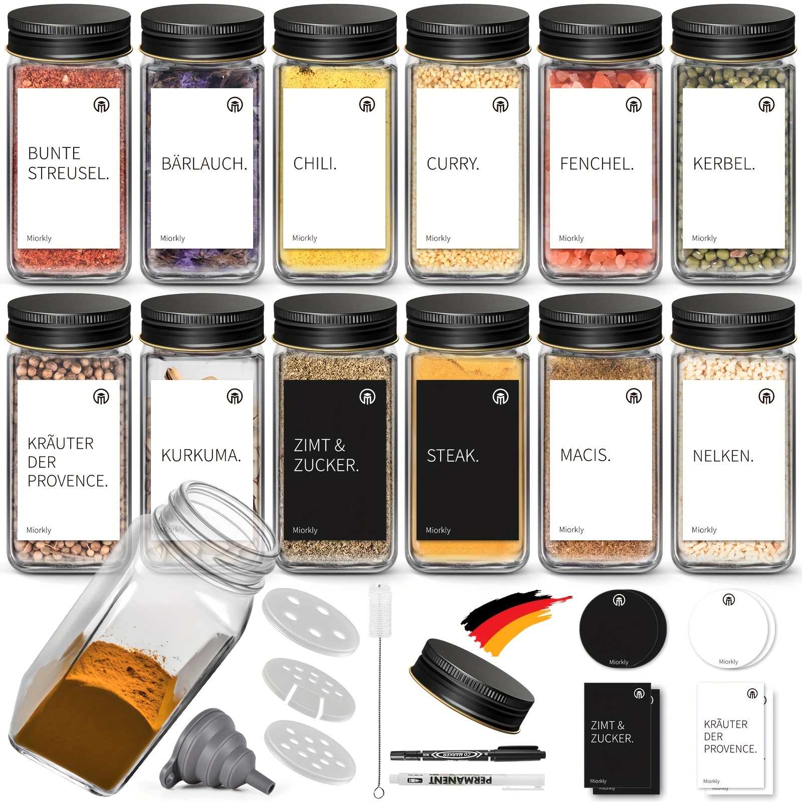 E-shop 35 Stück quadratische Gewürzgläser, Gewürzflaschen aus Glas mit schwarzen Aluminiumdeckeln, Gewürzdose mit Silikontrichter und Reinigungsbürste,