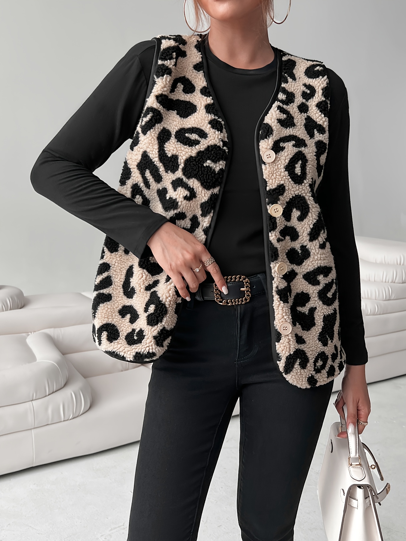 Teddy Weste Damen Leopardenprint - Ärmellose Fleece Weste Für Winter