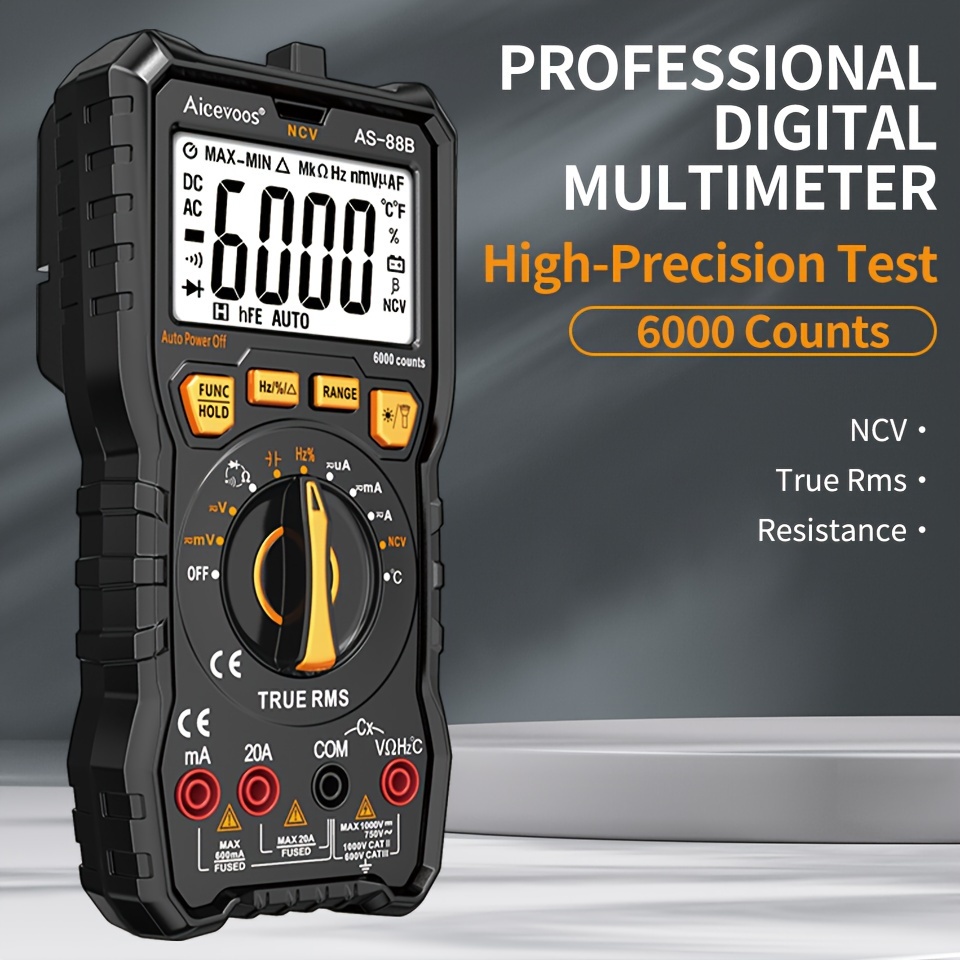 Aicevoos Digital Professional Multimeter 6000 Counts TRMS Auto Range AC DC Voltage Tester Ohm Meter Capacitor Electrical Professional Multimetro Transistor NCV