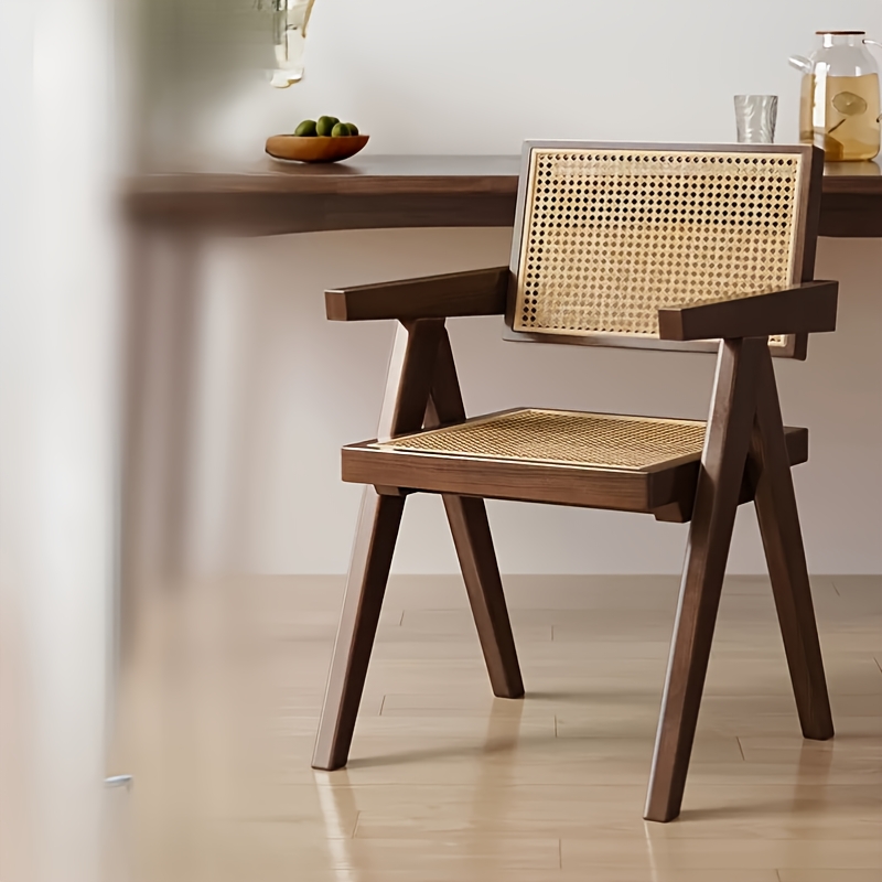 1 Silla de Comedor de Madera Maciza, Estilo Hiroshima para Cafetería o Restaurante: Silla Minimalista con Respaldo Chino, Tejido de Ratán Galvanizado, Decoración Wabi-Sabi para Hogar u Oficina