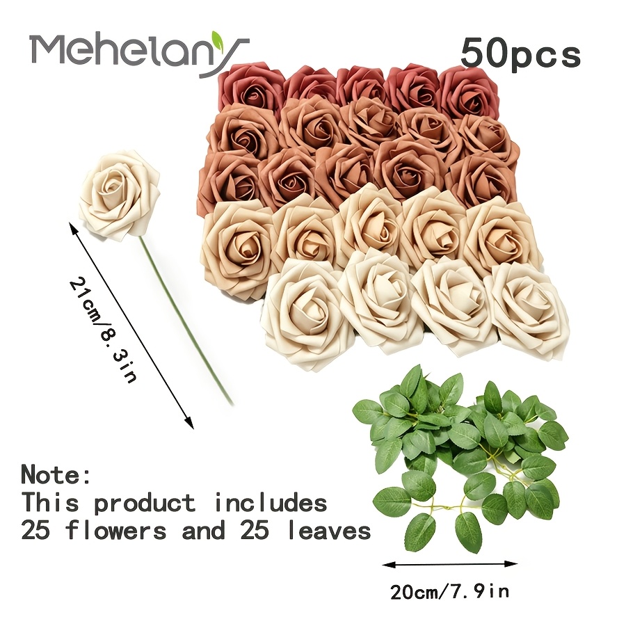 TEMU 50pcs Gradient Brown Tones Roses Artificial Flowers (25 Flowers And 25 Leaves) Home Decor Foam Fake Roses With Faux Stems And Leaves Decorative