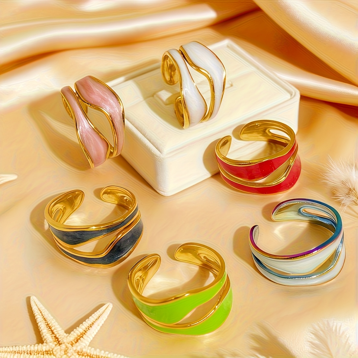 E-shop 6 Stück 304 Edelstahl Modische, Exquisite, Beliebte, Vielseitige Bunte Emaille-Tropfen- Verstellbare Offene Ringe für Damen Herren, Trendig in