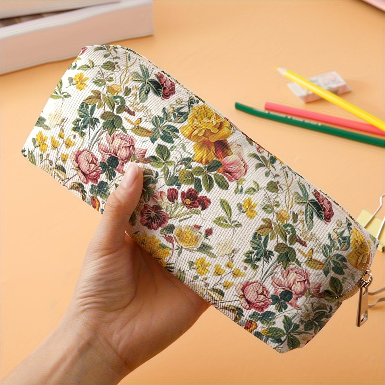 TEMU 1pc Large Capacity Multi-functional Rose Pattern Pen & Cosmetic Organizer Case - Spacious Durable Makeup Brush Holder, Pencil Storage Bag For,