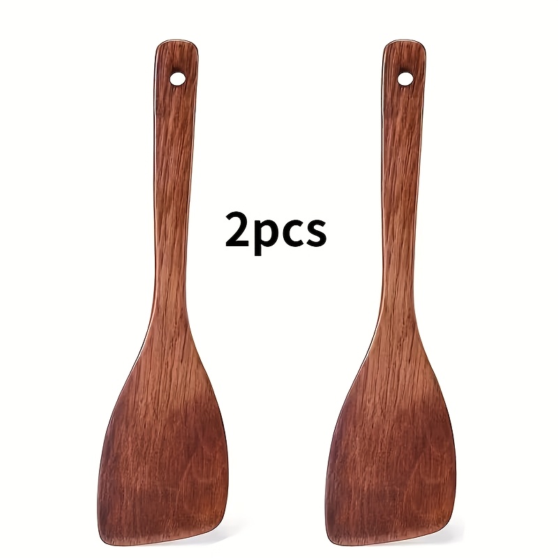TEMU 2pcs Wooden Cooking Spatula Set, 13-inch Long Handle Wooden Spatula, Flat Design, Frying Pan Spatula, Kitchen Stir-fry Spatula, Wooden Spatula,