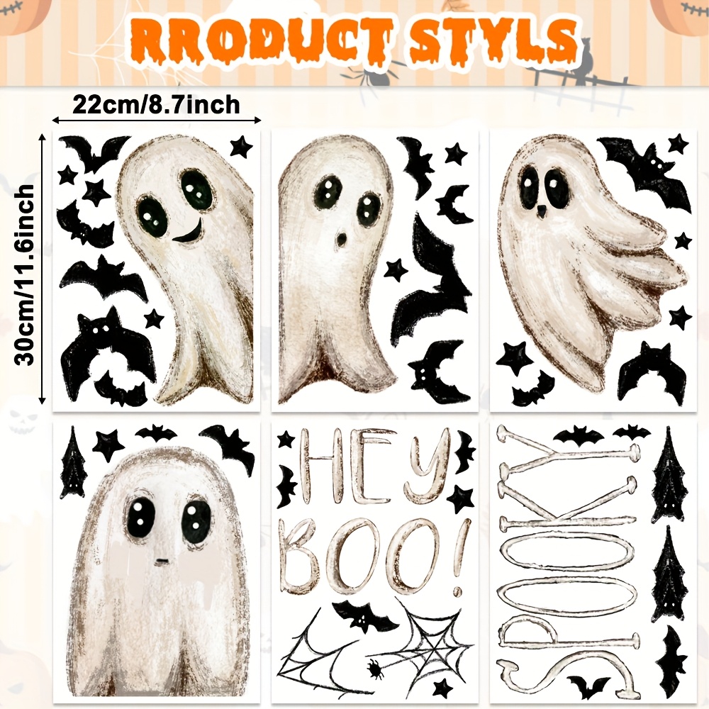 6 Retro For Halloween Static Window Clings - Reusable And Bat Glass Stickers
