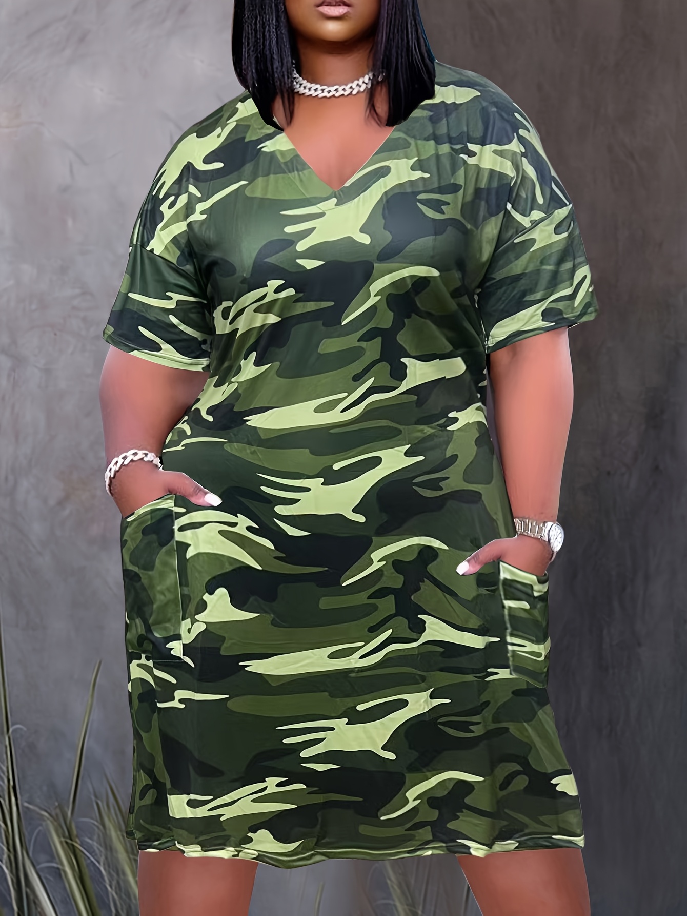 womens plus size camo print v neck midi dress pockets casual - Main Image