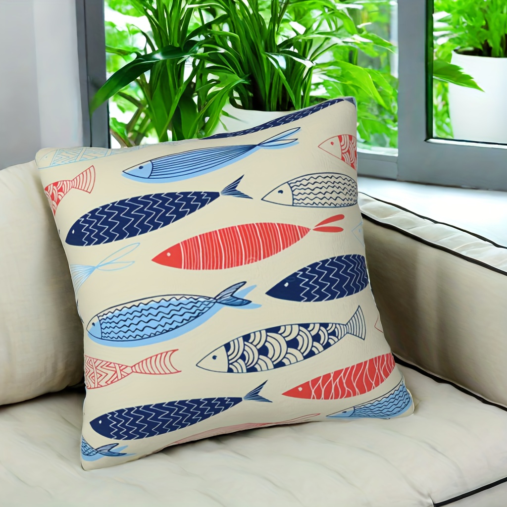 

1pc Fish Pillows Decorative Throw Pillow Cover Fish In The Ocean Pillow Case 18x18 Inch Square Cushion Cover For Sofa Bed Blue+red