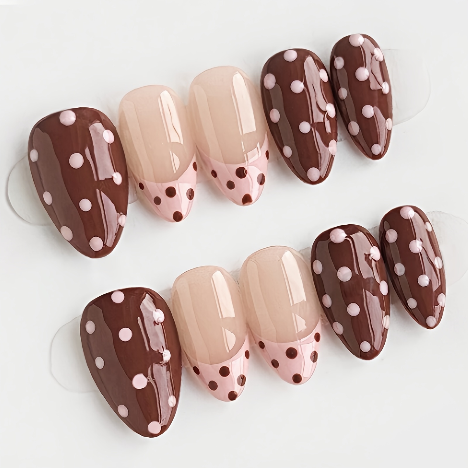 TEMU Danartlux 10pcs Medium Almond Fake Nails, Chic Brown Pink Polka Dot Nail Tips, Glossy Nude Press-on Nails, Retro Chocolate , Cute Minimalist Set