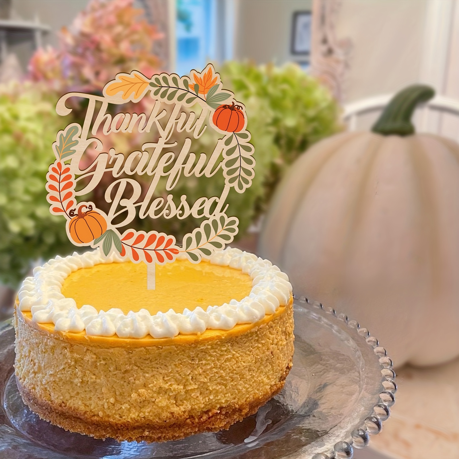 

Rustic Wooden "thankful Grateful Blessed" Cake Topper, 4mm Thick, Uv Printed With Pumpkin & Leaves, L Size, Thanksgiving Festive Decor, No Feather, For Home & Kitchen Party Supplies