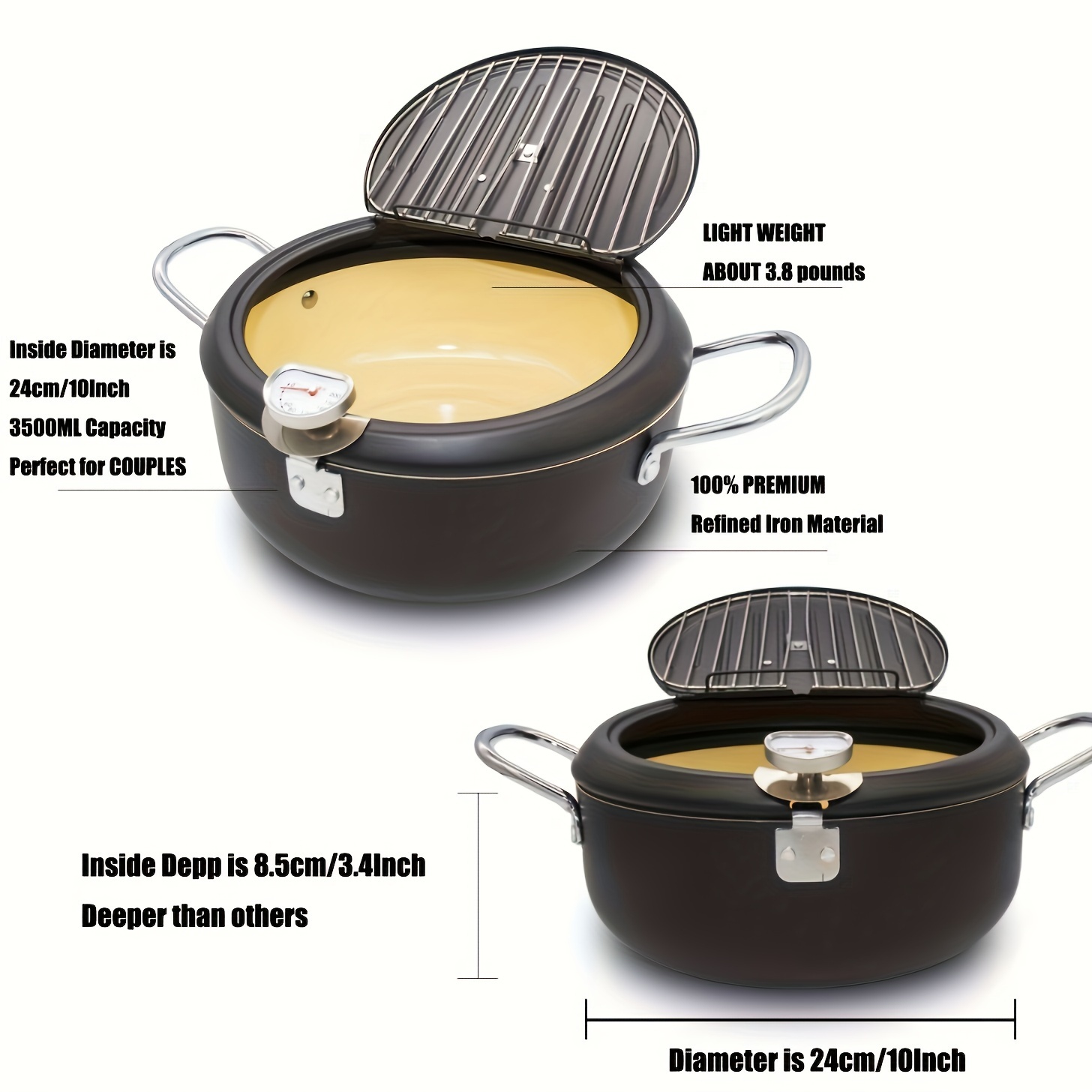 Image of Cyrder Japanese Deep Fryer Pot With Thermometer 2.3l/3.5l - High Temperature- Nonstick Coating, Fried /chicken/fish/shrimp/meat Ball, Easy , Black 8inch/10inch Deep Frying Pot