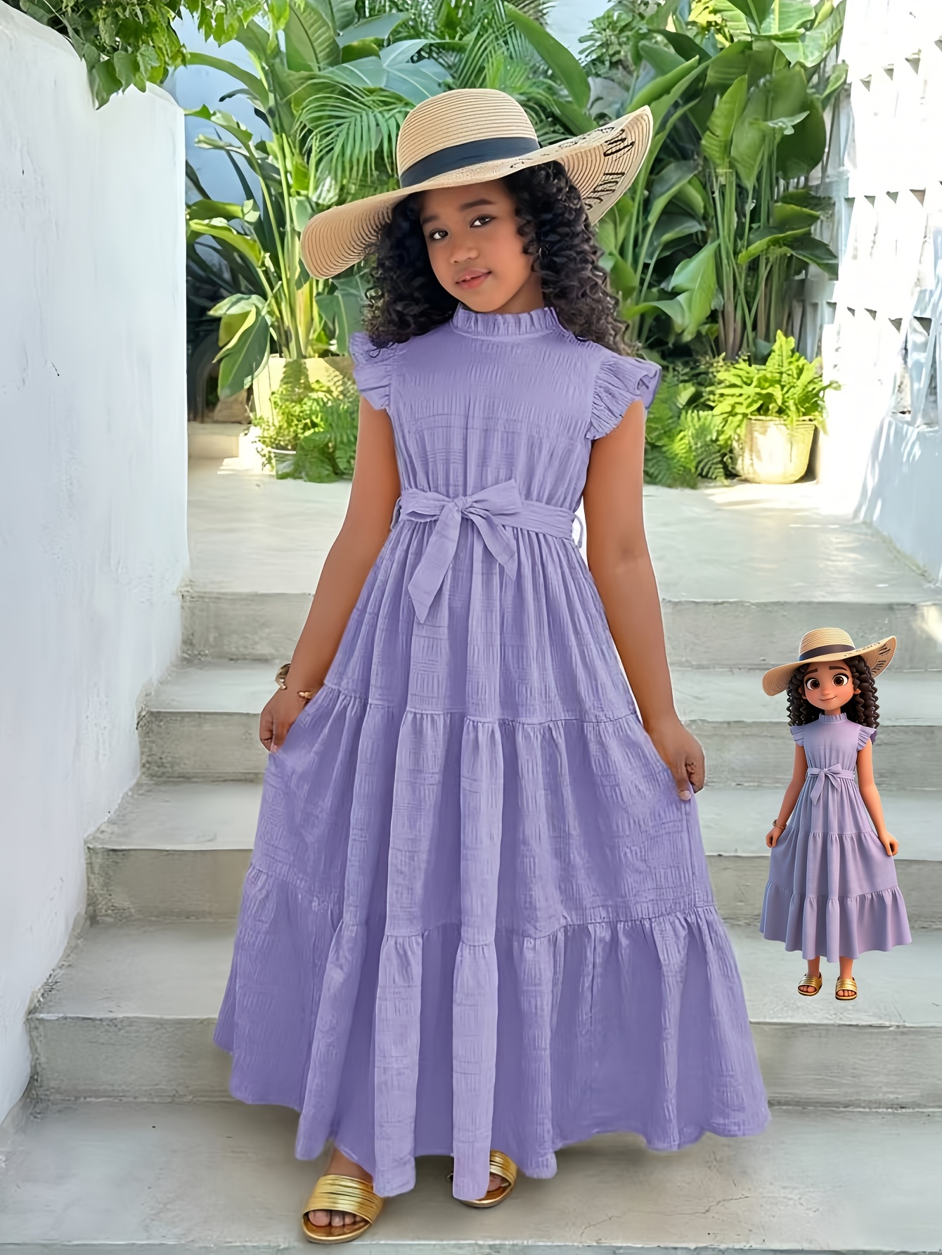 An Elegant And Casual Dress for Girls, Featuring a Stylish Long Design with  a Bow Decoration * Summer Parties And The Beach