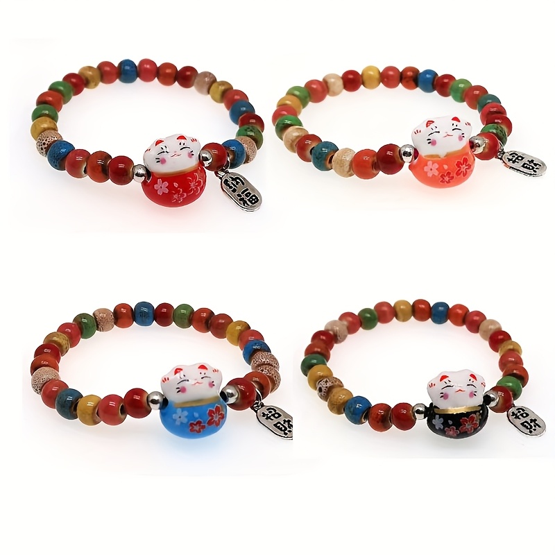 Ceramic Cat Charm Bracelet with Colorful Beads - Festive Accessory