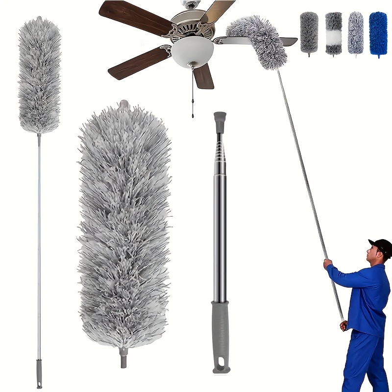 1pc extra long microfiber feather duster with   inch telescoping pole horse hair head flexible for ceiling fans high ceilings blinds furniture no battery needed metal construction for living room bedroom outdoor bathroom kitchen details 0