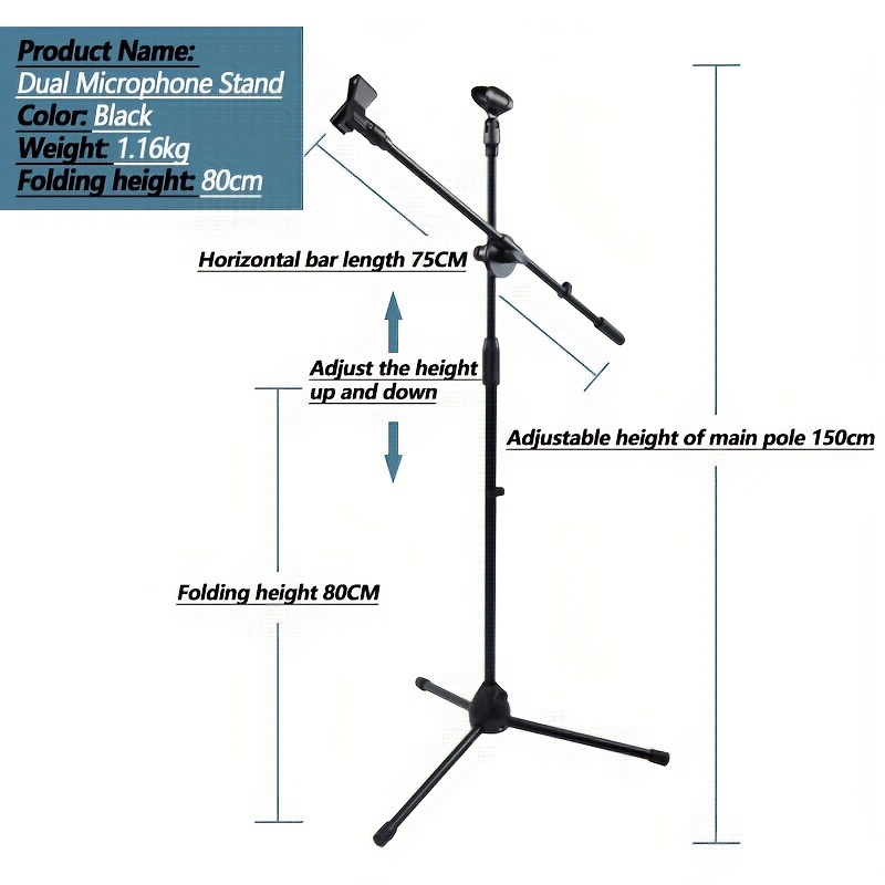 TEMU Adjustable Carbon Steel Microphone Stand With Lightning Connector - 1-pack Tripod Boom Mic Stand, Anti-slip Rubber Feet, Portable & Durable For Recording And Live Performances