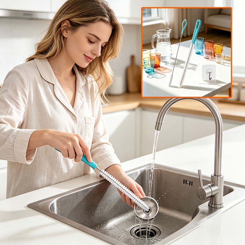 TEMU 3pcs Flexible Cleaning Brushes Set | 2 Tube Cleaning Brush + 1 Hook, Reusable Sink Drain Cleaner, Suitable For Straws, Water Bottle, Crevice,