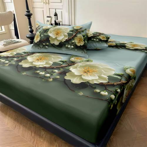 3pcs 3d floral print fitted sheet bedding comfortable and soft anti pilling mattress protector and 2 pillowcases no filler suitable for for bedrooms and living rooms unisex single double size