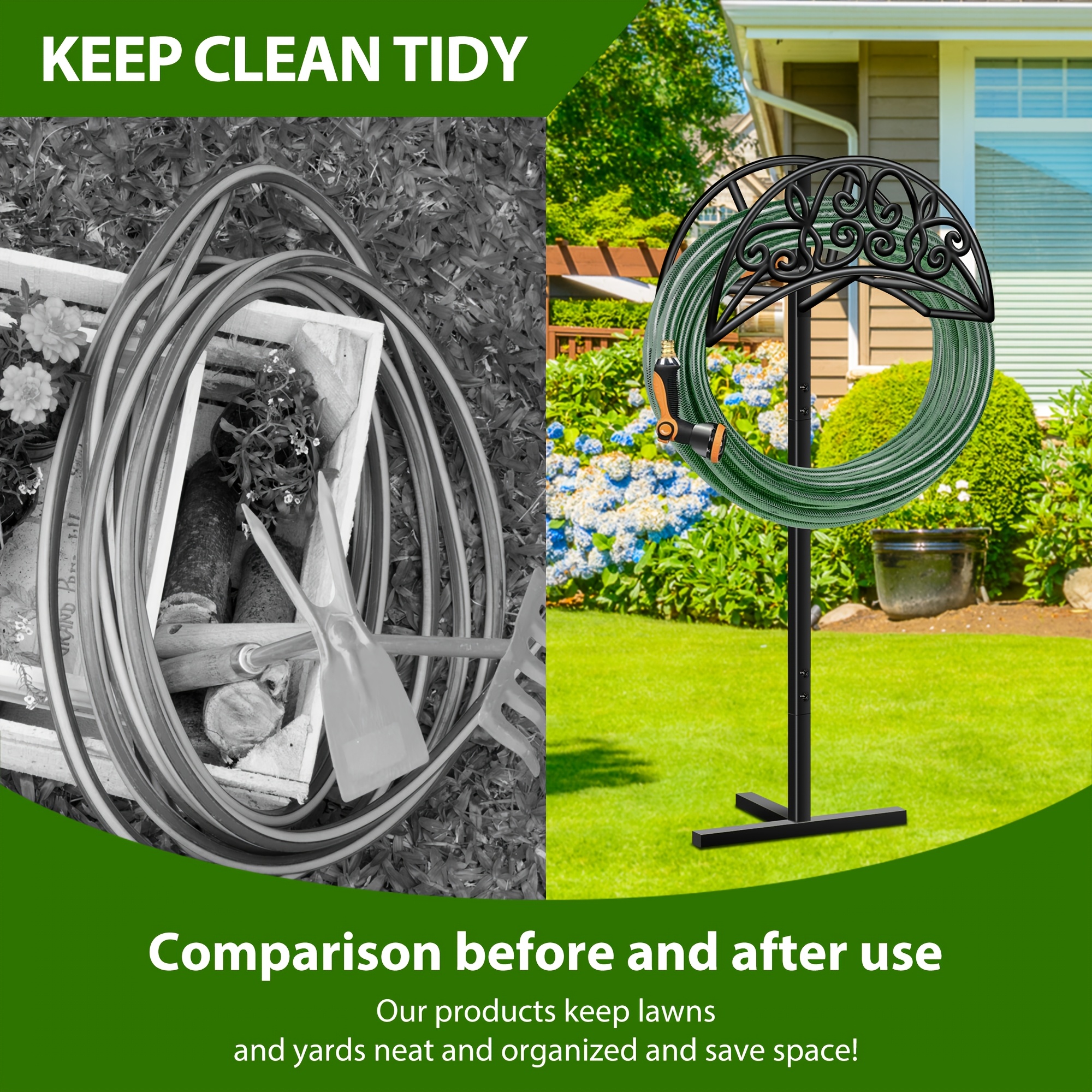 Heavy-Duty Metal Garden Hose Holder Stand with Rust-Resistant Design and Spikes, Freestanding Outdoor Hose Reel Organizer for Up to 150 ft H
