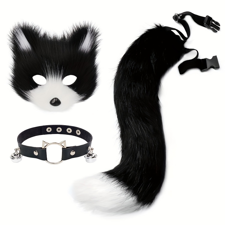 

Fur Fox Mask Wolf Cat Fluffy Tail And Leather Necklace Set Halloween Party Cosplay Costume Accessory