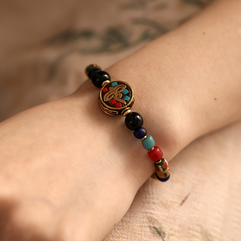 

Vintage Tibetan Style Beaded Bracelet With Synthetic Gemstones And - No Plating, Bell Charm, Woven Ethnic Festival Jewelry For And Mardi Gras - ,