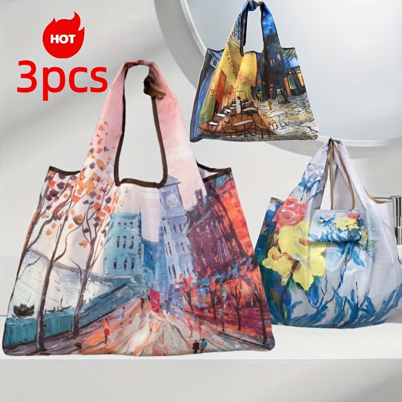 TEMU 3pcs Large Capacity Oil Painting Style Tote Bag - Portable, Lightweight, Unisex Shopping Crossbody Bag, Perfect For Shopping, Traveling, And