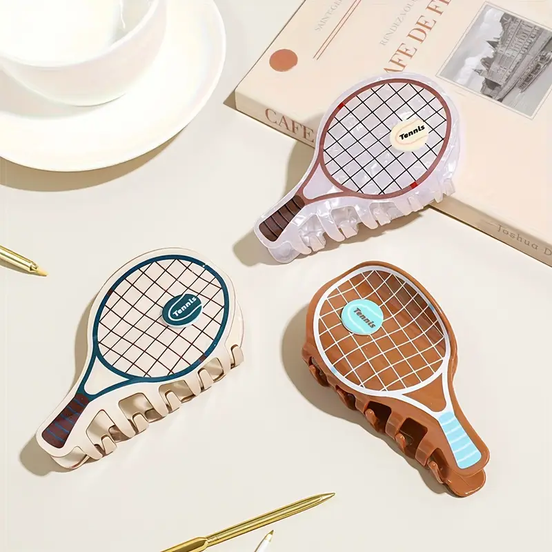 2pcs cute cartoon tennis racket hair clips sporty grid pattern lettered oval grip hair accessories for half up styles parties travel pastel earthy tones tennis accessories party   stylish accessory novelty hairpin   Product details 1