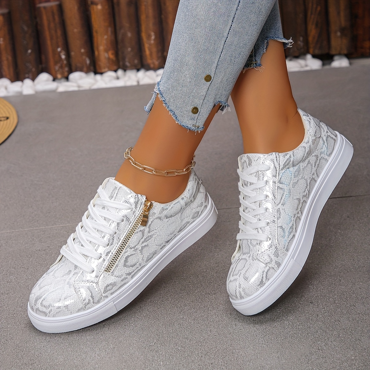 womens stylish white sneakers golden zipper detail casual Temu