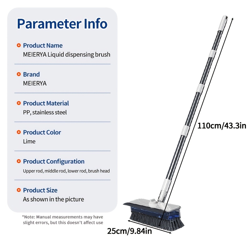 TEMU Meierya 4-in-1 Heavy Duty Floor Scrub Brush With Refillable Soap Dispenser & Built-in Squeegee - Dual-sided V-shaped Bristles, Long Handle