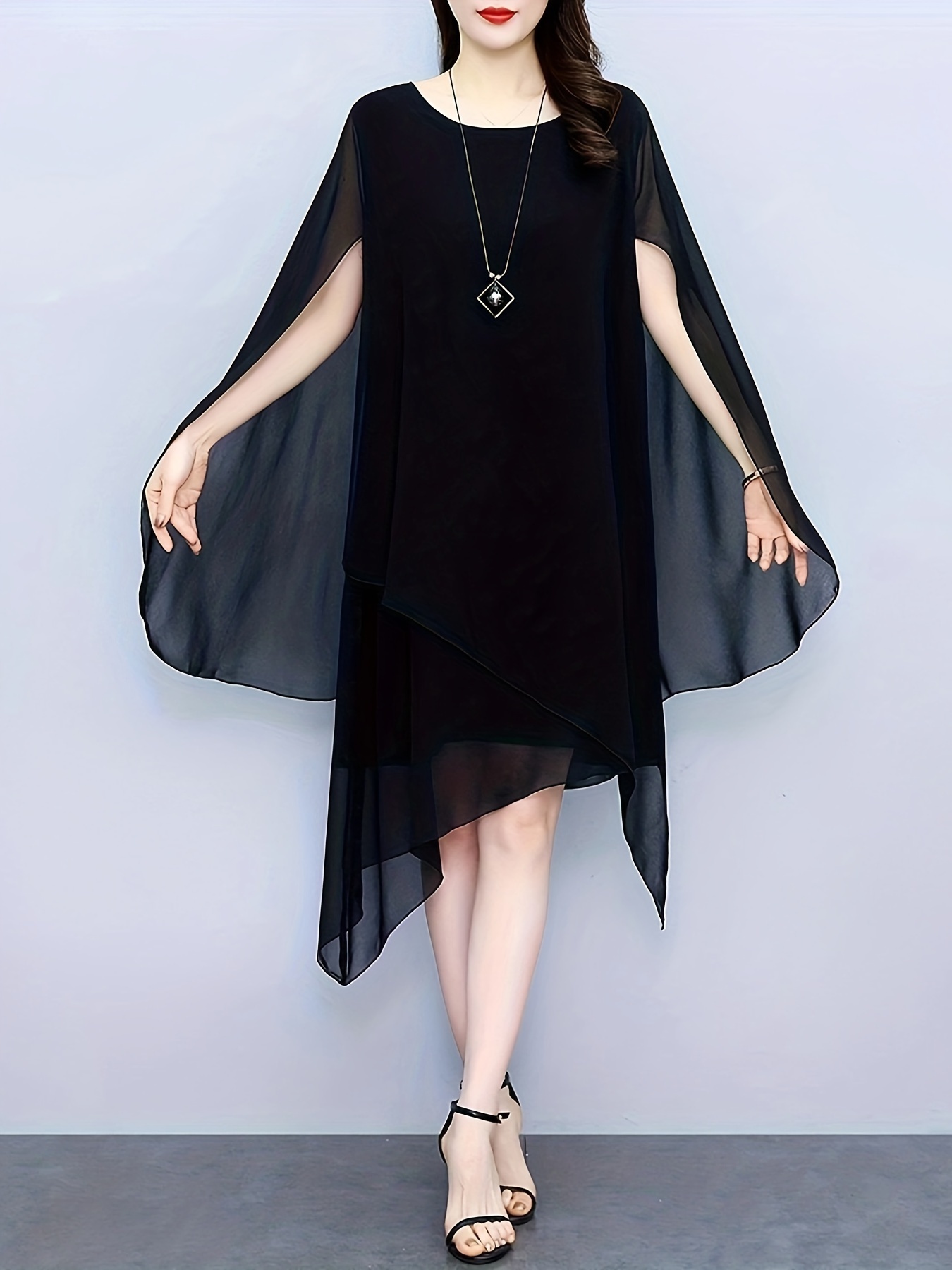 chiffon overlay black knee length dress